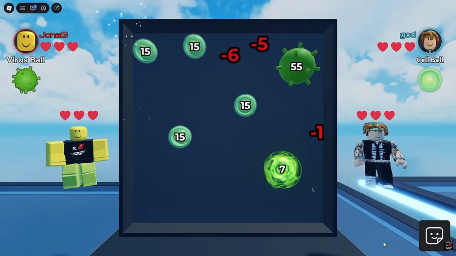 Ball VS Ball fight between Virus Ball and Cell Ball; the balls show their health numbers and each player has three hearts