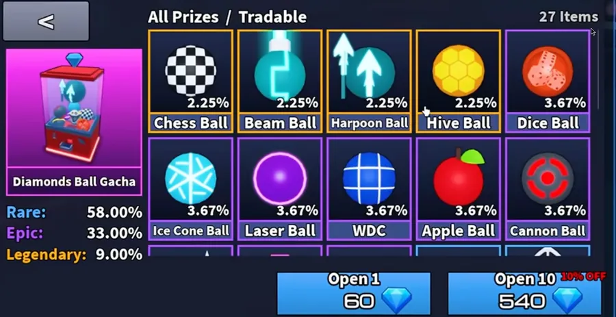 Ball VS Ball Diamonds Ball Gacha prize list: 27 items, Chess, Beam, Harpoon and Hive Ball at 2.25% with orange Legendary frames, Dice, Ice Cone, Laser, WDC, Apple and Cannon Ball at 3.67% with purple Epic frames