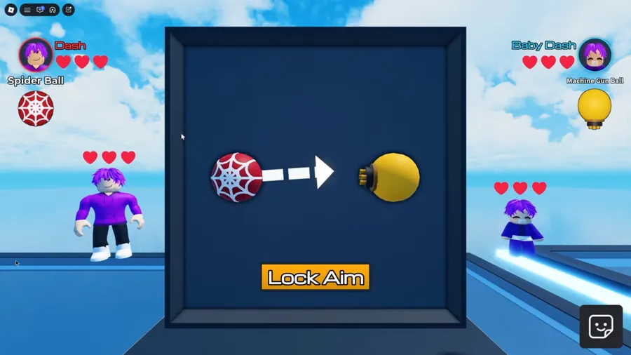 Ball VS Ball aim screen: Spider Ball with an arrow pointing at the enemy Machine Gun Ball and a Lock Aim button