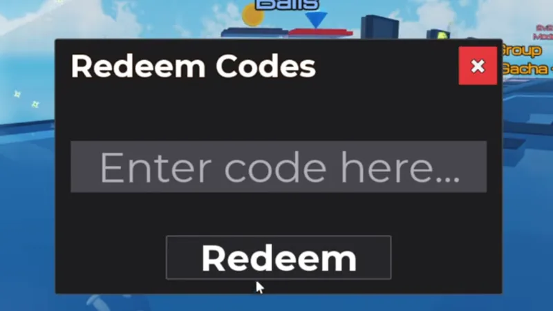 The Redeem Codes window in Ball VS Ball with an Enter code here box and a Redeem button